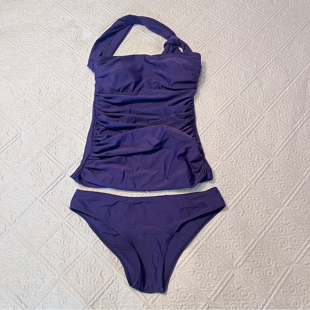 Deep Blue Ruched Halter Tankini Two Piece Swimsuit - Size Small